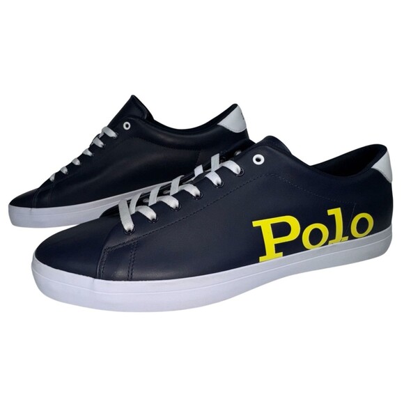 Polo Ralph Lauren Longwood Mens Size 15 Logo Leather Sneaker Black With Yellow - Picture 3 of 9